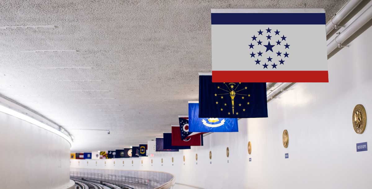 The Mississippi State Flag (proposed by Knol Aust) is seen hanging in the United States Capitol building